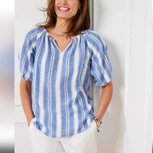 TALBOTS Small Popover Shirt 100% Linen Blue Stripe Peasant V-Neck Coastal